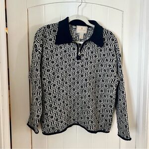 Express Vintage Black and White Patterned Zip-Up Sweater